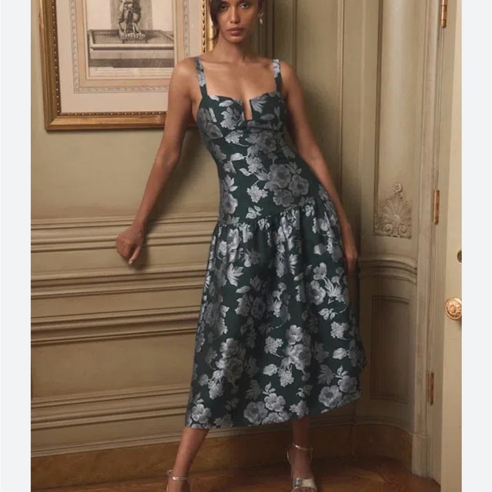 Lulu’s Major Flirtation Emerald Floral Jacquard Drop Waist Midi Dress - Picture 4 of 7
